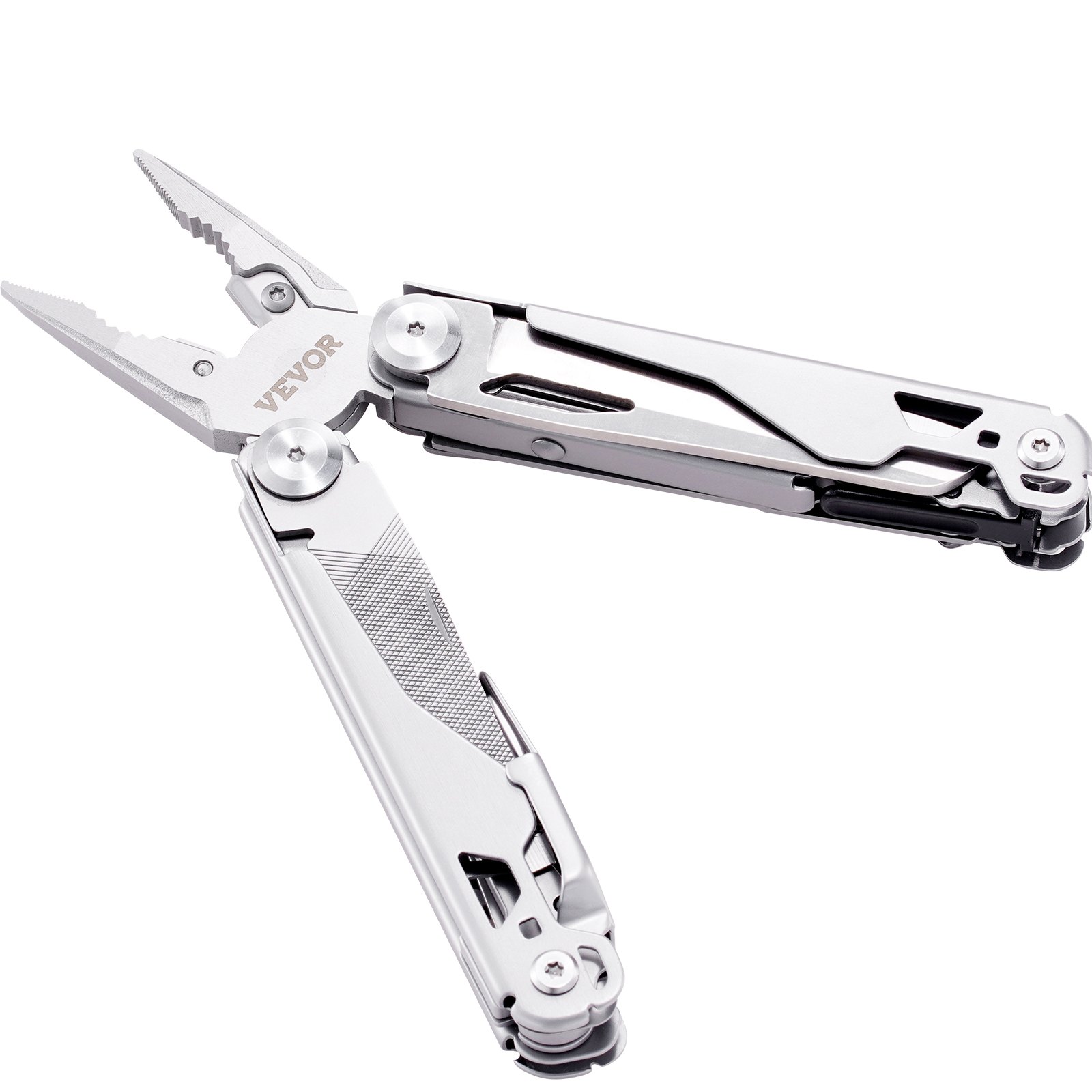 VEVOR multitool pliers with stainless steel finish, foldable design, and integrated tools.