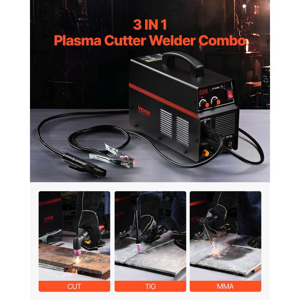 VEVOR 3 in 1 Plasma Cutter Welder Machine, CT-520GD TIG/MMA Plasma Cutter Combo Machine, 50A Non-Touch Pilot Arc Plasma Cutter, 200A TIG and Stick Welder, Digital 110/220V Dual Voltage IGBT Inverter