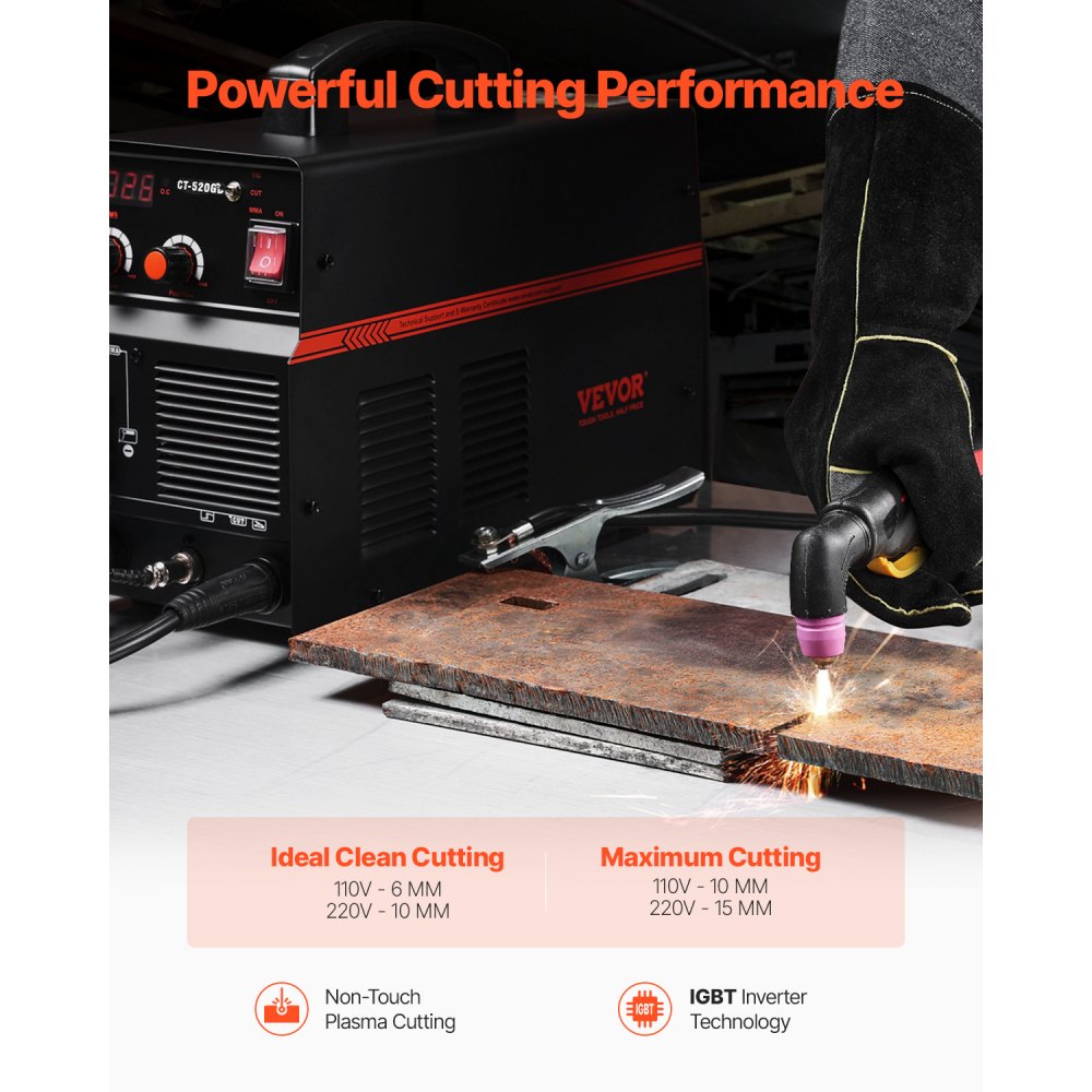 VEVOR 3 in 1 Plasma Cutter Welder Machine, CT-520GD TIG/MMA Plasma Cutter Combo Machine, 50A Non-Touch Pilot Arc Plasma Cutter, 200A TIG and Stick Welder, Digital 110/220V Dual Voltage IGBT Inverter