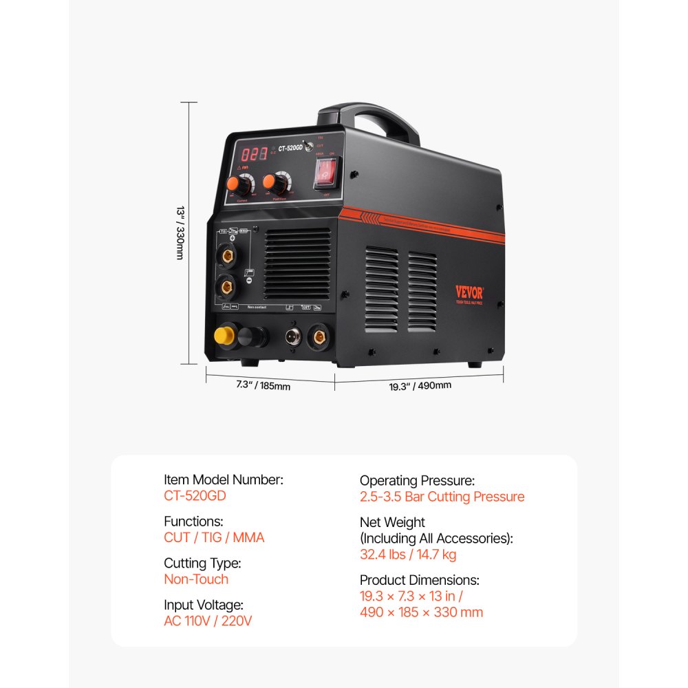 VEVOR 3 in 1 Plasma Cutter Welder Machine, CT-520GD TIG/MMA Plasma Cutter Combo Machine, 50A Non-Touch Pilot Arc Plasma Cutter, 200A TIG and Stick Welder, Digital 110/220V Dual Voltage IGBT Inverter