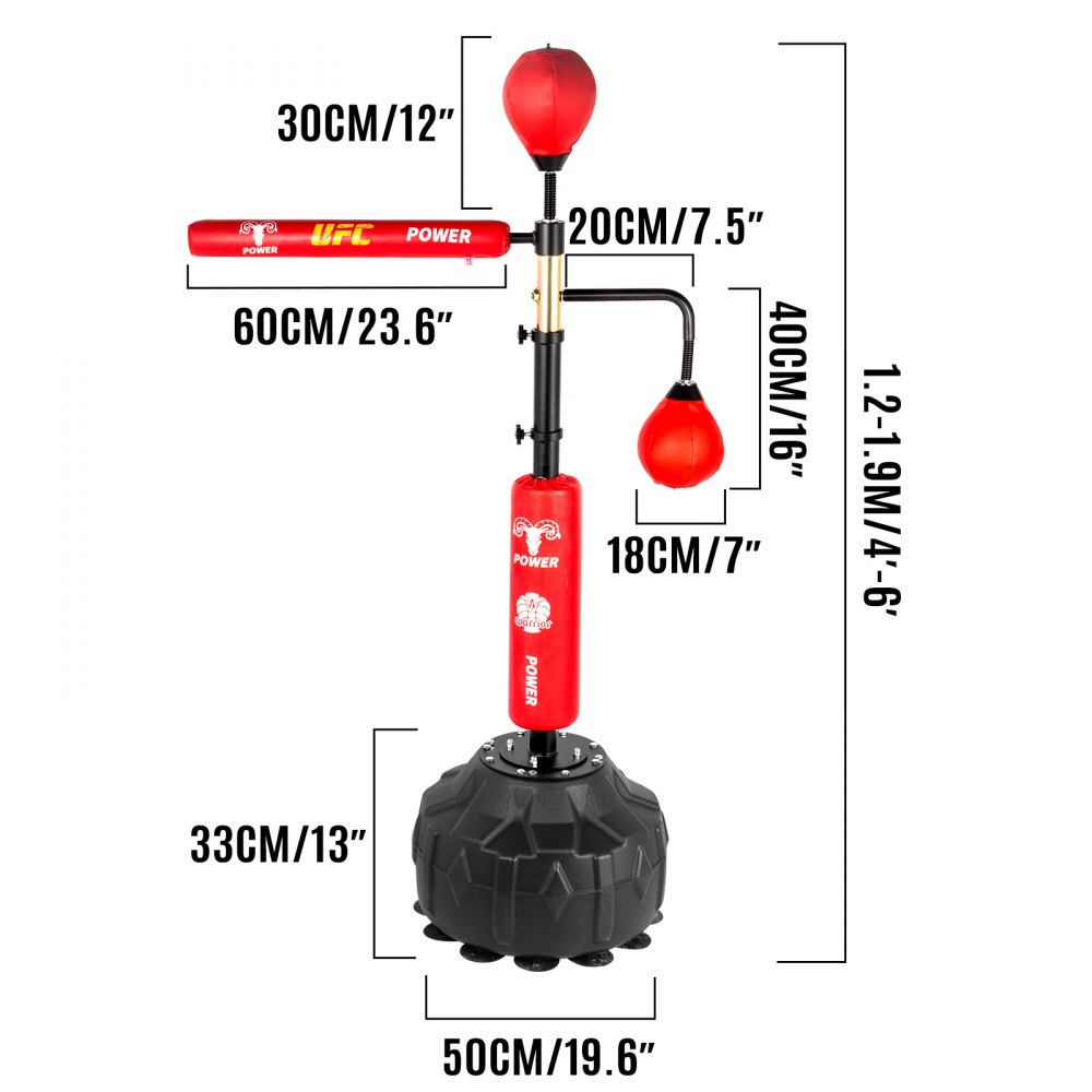 VEVOR boxing speed trainer with height and dimension measurements for workout.