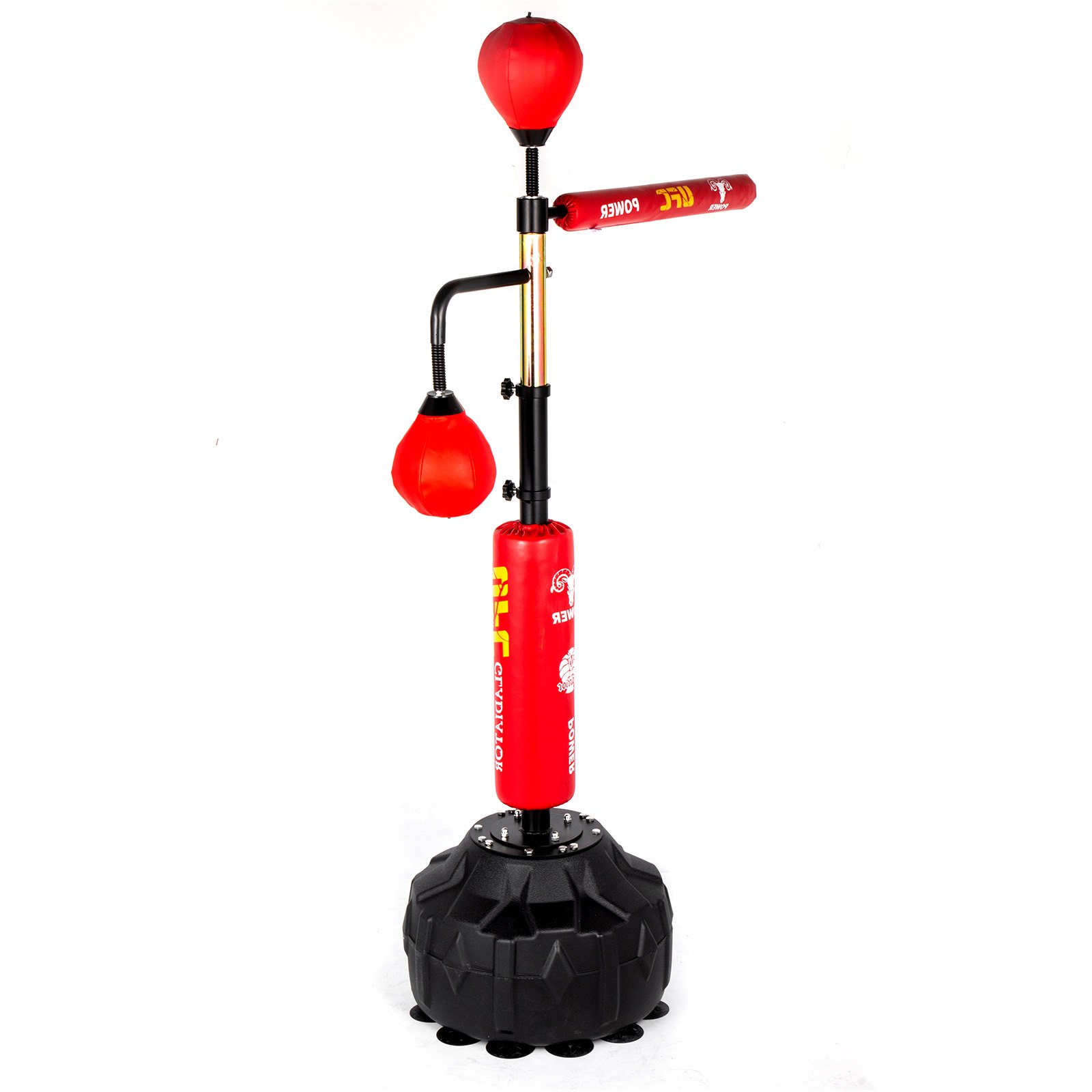 red and black VEVOR boxing speed trainer with double-end bag and rotating arm.