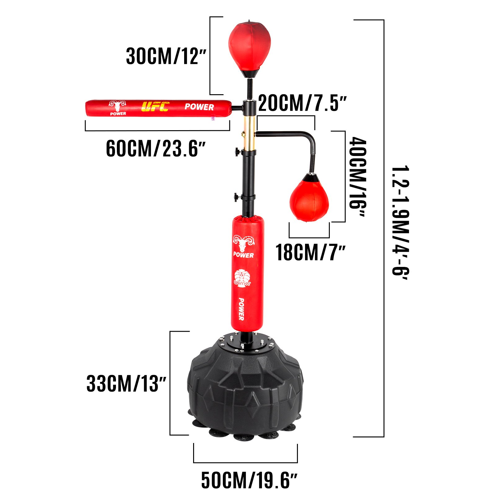 VEVOR boxing speed trainer with height and dimension measurements for workout.