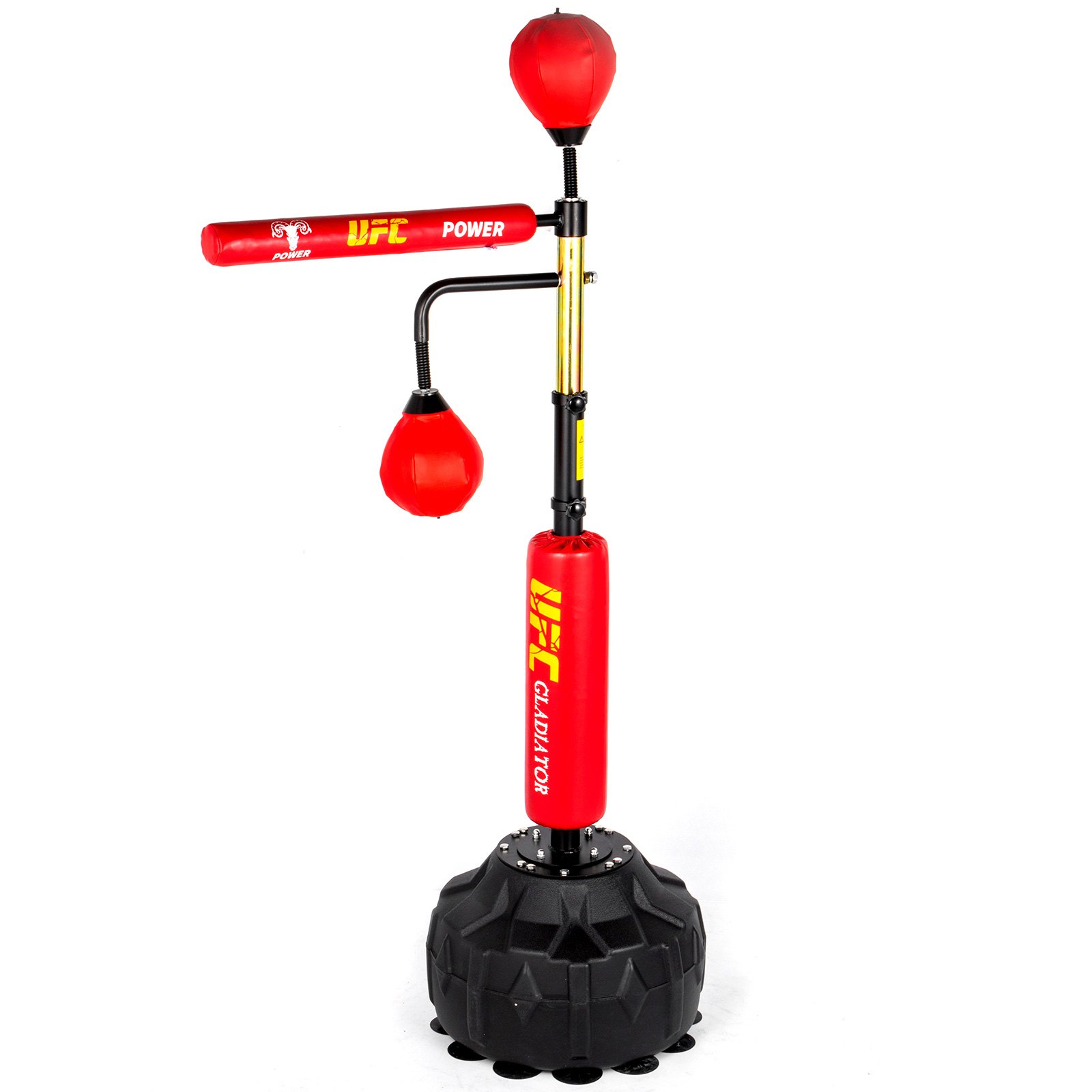 VEVOR boxing speed trainer with red punching balls and ufc branding on a sturdy base.