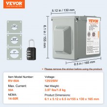 VEVOR 50 Amp RV Power Outlet Box, 125/250 Volt, Enclosed Lockable Outdoor RV Receptacle Box, NEMA 14-50R Weatherproof Electrical Panel, for RV Camper Trailer Motorhome Electric Car, UL Listed Outlet