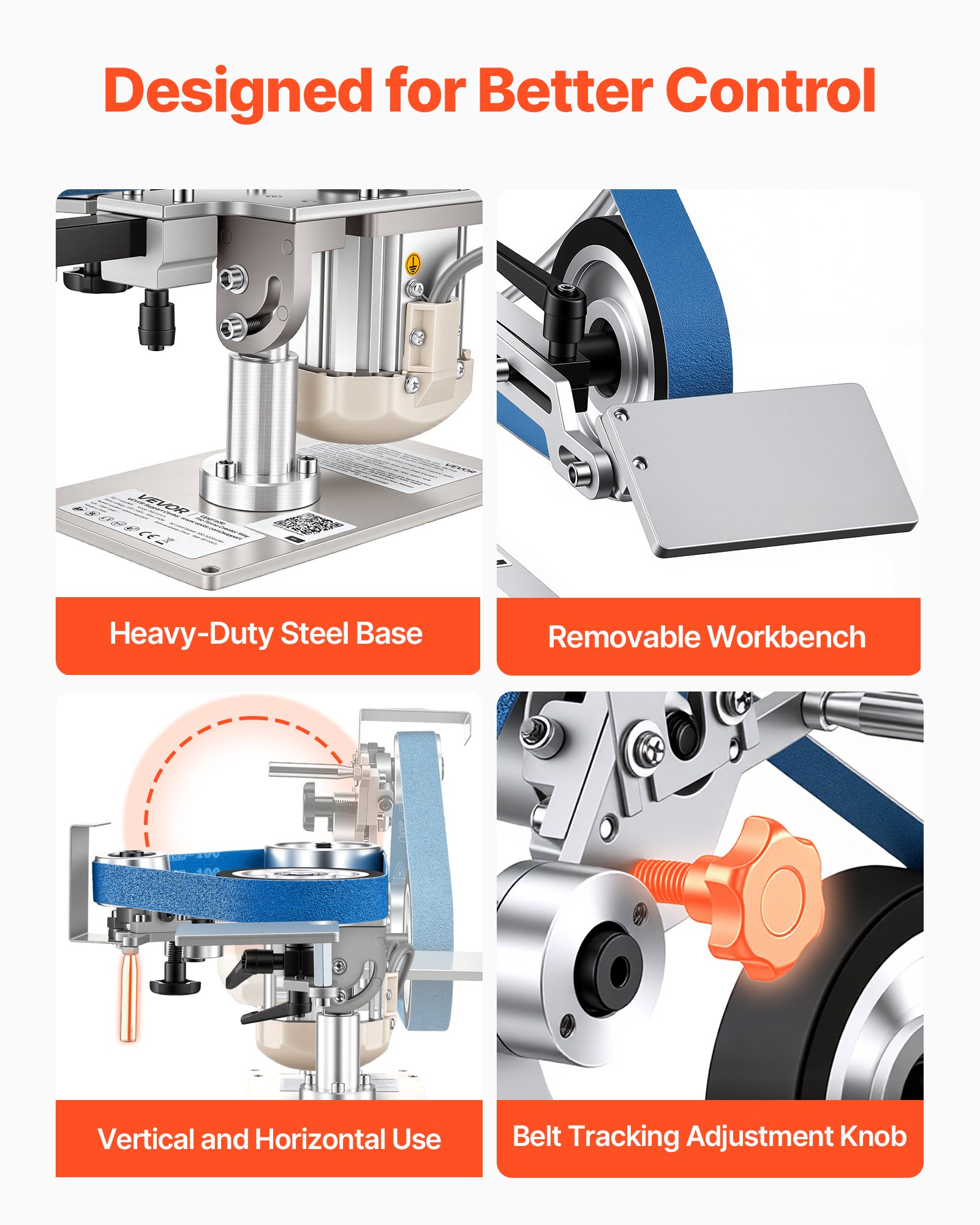 VEVOR Belt Grinder Sander with VFD, 762mm x 25.4mm Variable Speed Belt Polisher, 550W Polishing Grinding Machine with 2 Grinding Modes & 3PCS Sanding Belts for Metalworking, Knife Making