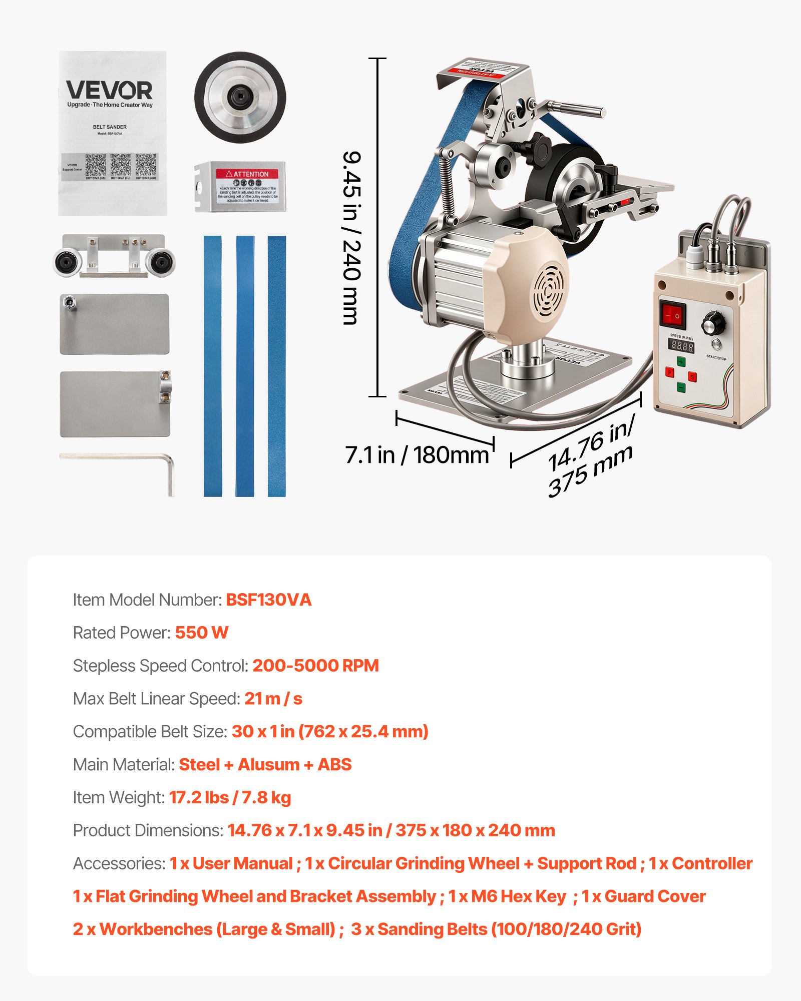 VEVOR Belt Grinder Sander with VFD, 762mm x 25.4mm Variable Speed Belt Polisher, 550W Polishing Grinding Machine with 2 Grinding Modes & 3PCS Sanding Belts for Metalworking, Knife Making