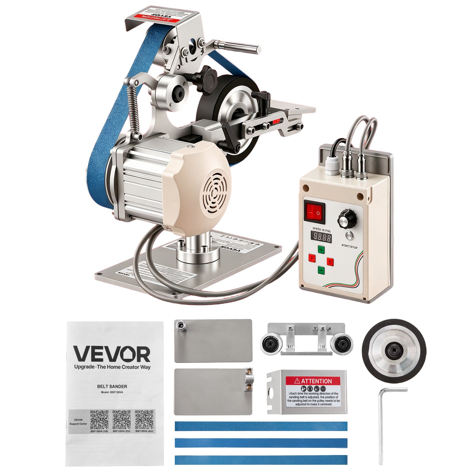 VEVOR Belt Grinder Sander with VFD, 762mm x 25.4mm Variable Speed Belt Polisher, 550W Polishing Grinding Machine with 2 Grinding Modes & 3PCS Sanding Belts for Metalworking, Knife Making