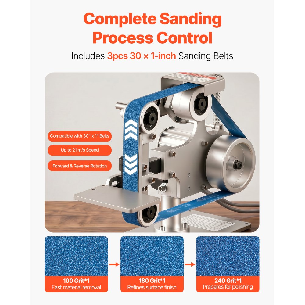 VEVOR Belt Grinder Sander with VFD, 762mm x 25.4mm Variable Speed Belt Polisher, 550W Polishing Grinding Machine with 2 Grinding Modes & 3PCS Sanding Belts for Metalworking, Knife Making