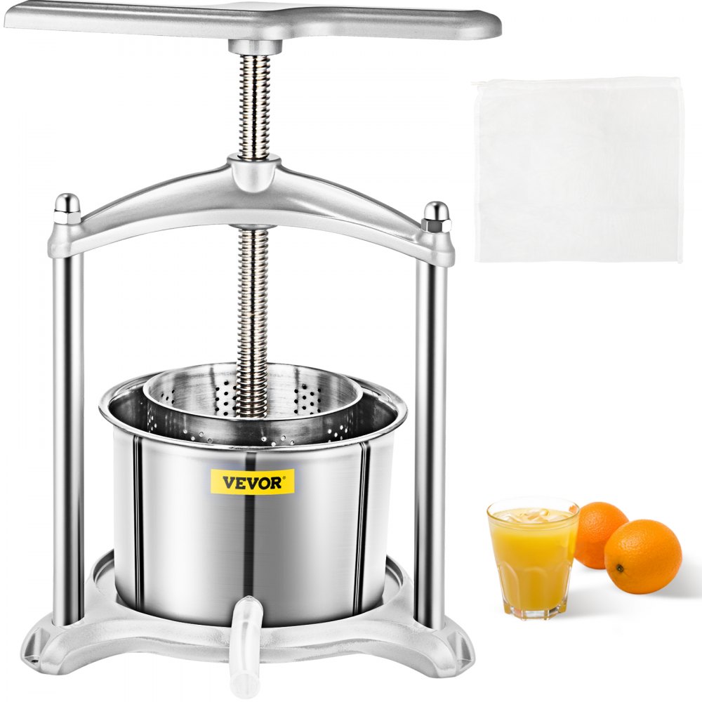 VEVOR Fruit Wine Press, 0.8Gal Wine Press, 3L Fruit Cider Grinder w/Dual Stainless Steel Barrels, Manual Press Machine with Triangular Structure & T-Handle, for Cider Tincture Cheese Herb Vegetables