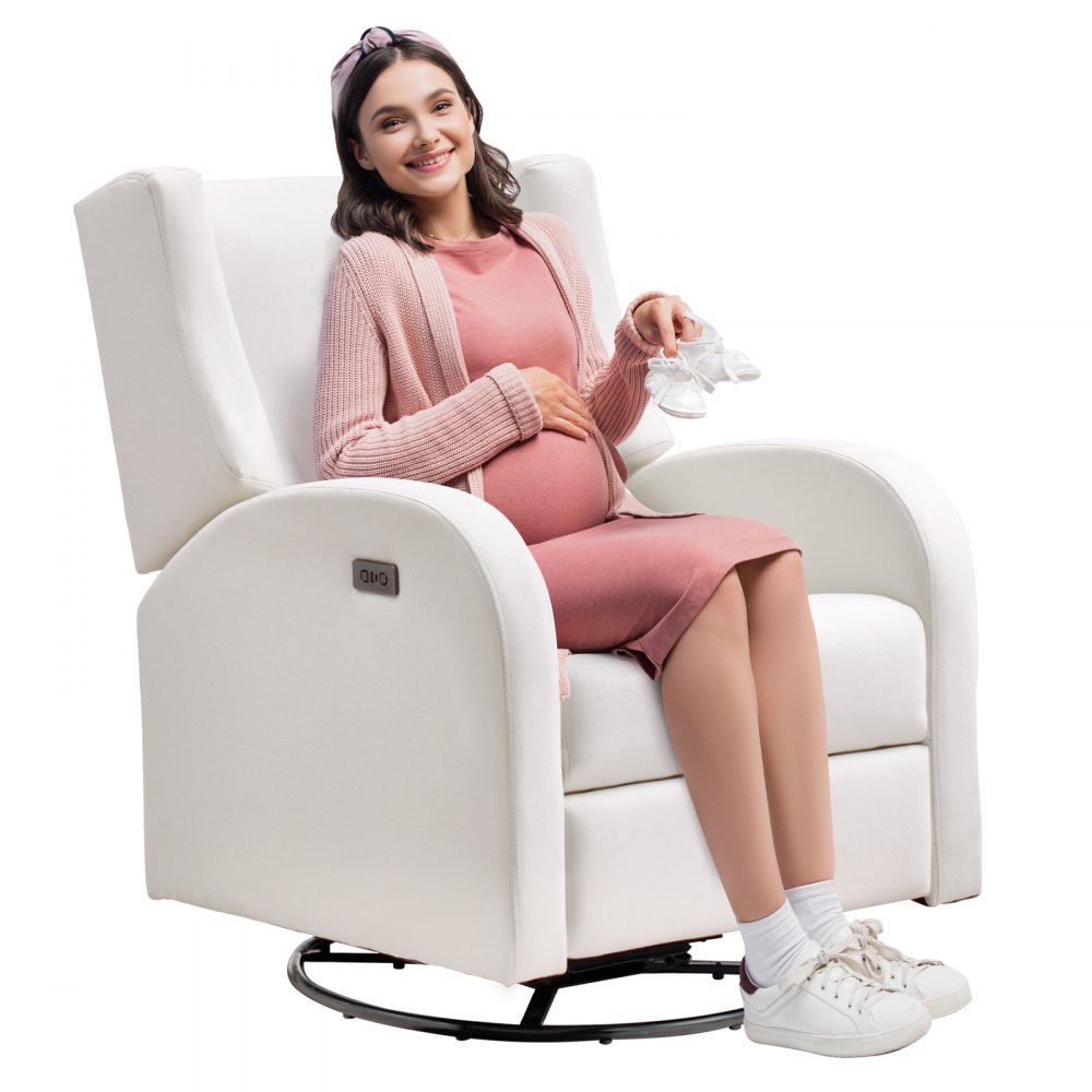 Sillón reclinable eléctrico VEVOR en blanco con asiento acolchado, reposabrazos curvos y base giratoria.