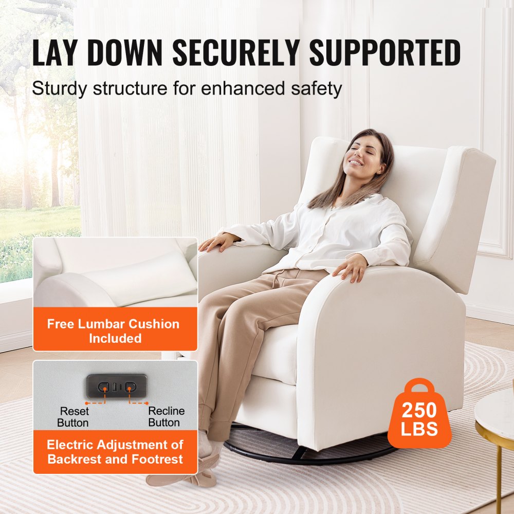 VEVOR Electronic Power Recliner and Swivel Glider, 113.4 kg Weight Capacity Swivel Glider Recliner Chair with Adjustable Angle, Polyester Surface Recliner Rocker for Living Room, Bedroom, Off White