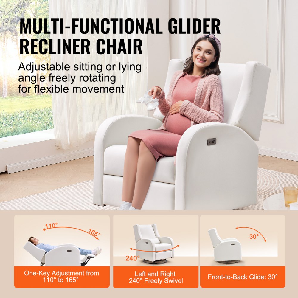 VEVOR Electronic Power Recliner and Swivel Glider, 113.4 kg Weight Capacity Swivel Glider Recliner Chair with Adjustable Angle, Polyester Surface Recliner Rocker for Living Room, Bedroom, Off White