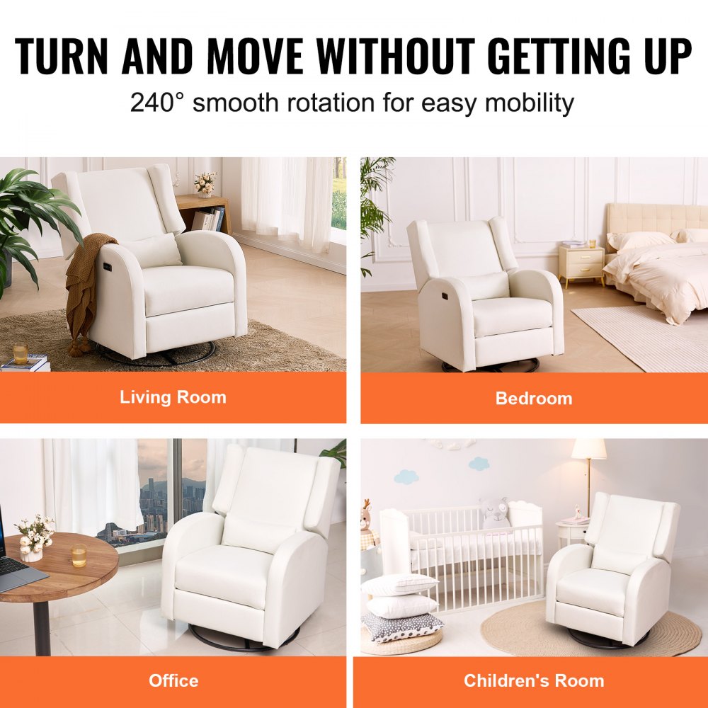 VEVOR Electronic Power Recliner and Swivel Glider, 113.4 kg Weight Capacity Swivel Glider Recliner Chair with Adjustable Angle, Polyester Surface Recliner Rocker for Living Room, Bedroom, Off White