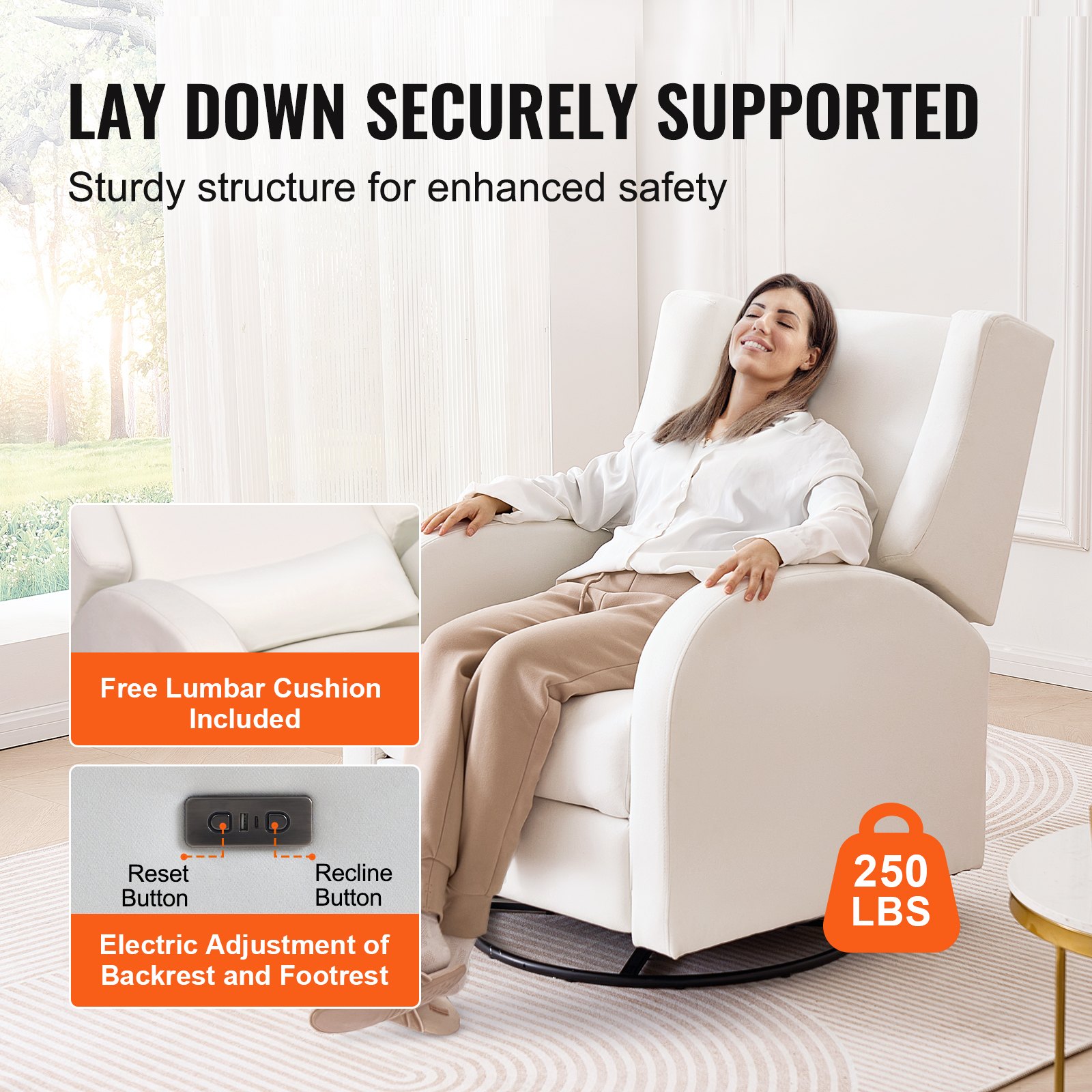 VEVOR Electronic Power Recliner and Swivel Glider, 113.4 kg Weight Capacity Swivel Glider Recliner Chair with Adjustable Angle, Polyester Surface Recliner Rocker for Living Room, Bedroom, Off White
