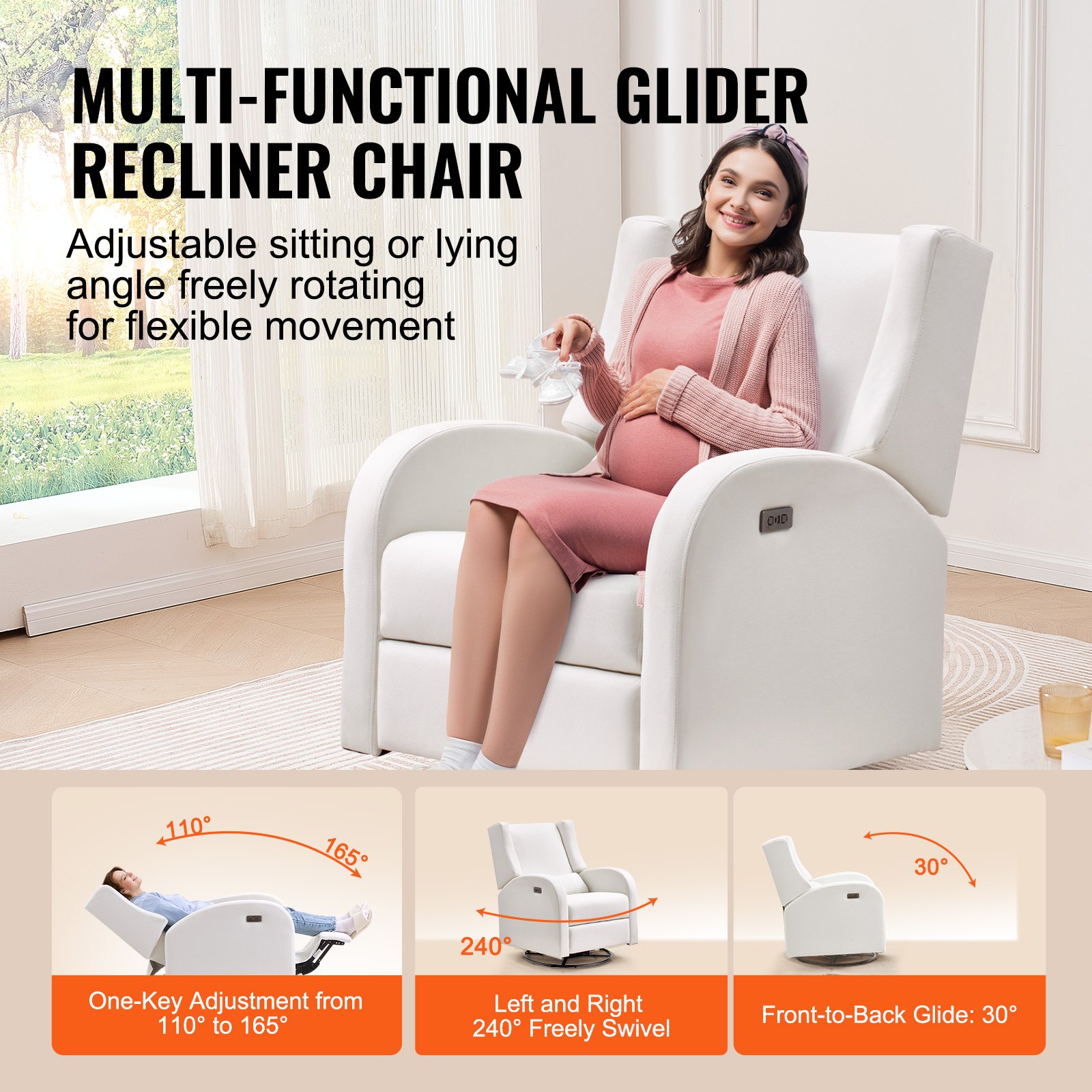 VEVOR Electronic Power Recliner and Swivel Glider, 113.4 kg Weight Capacity Swivel Glider Recliner Chair with Adjustable Angle, Polyester Surface Recliner Rocker for Living Room, Bedroom, Off White
