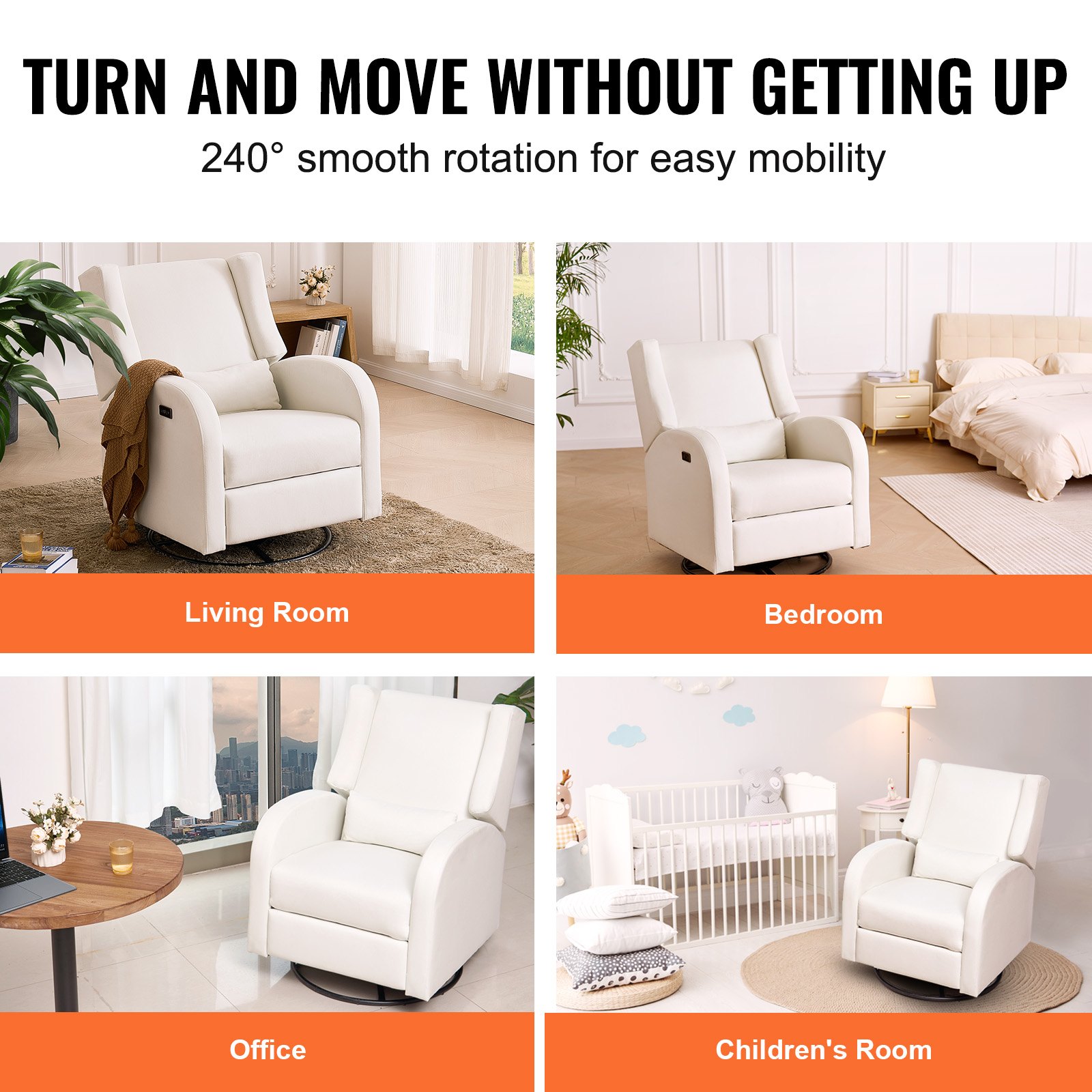VEVOR Electronic Power Recliner and Swivel Glider, 113.4 kg Weight Capacity Swivel Glider Recliner Chair with Adjustable Angle, Polyester Surface Recliner Rocker for Living Room, Bedroom, Off White