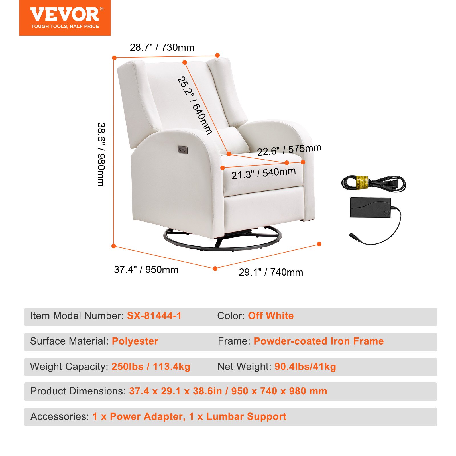 VEVOR Electronic Power Recliner and Swivel Glider, 113.4 kg Weight Capacity Swivel Glider Recliner Chair with Adjustable Angle, Polyester Surface Recliner Rocker for Living Room, Bedroom, Off White