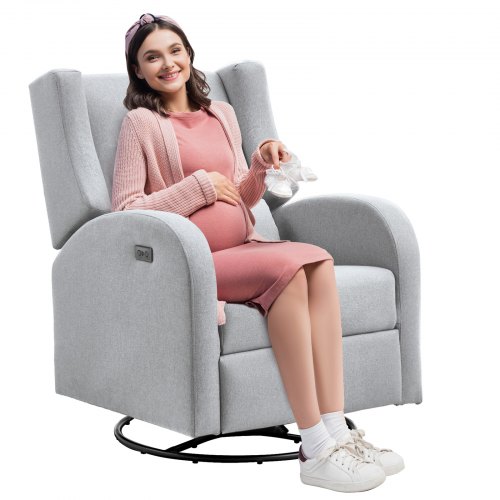 VEVOR Electronic Power Recliner and Swivel Glider, 113.4 kg Weight Capacity Swivel Glider Recliner Chair with Adjustable Angle, Polyester Surface Recliner Rocker for Living Room, Bedroom, Light Gray
