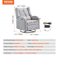 VEVOR Electronic Power Recliner og Swivel Glider, 250 lbs Vægt Kapacitet Swivel Glider Hvilestol med justerbar vinkel, polyester overflade hvilestol til stue, soveværelse, lysegrå