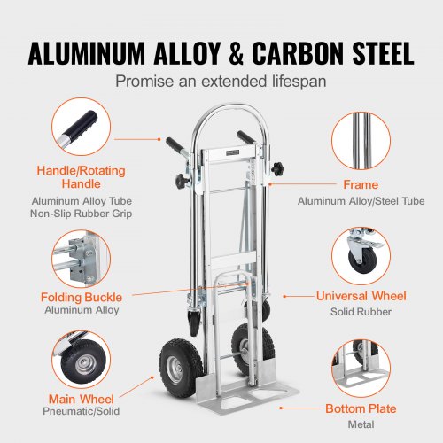 VEVOR Aluminum Folding Hand Truck, 4 in 1 Design 1000 lbs Capacity, Heavy Duty Industrial Collapsible cart, Dolly Cart with Rubber Wheels for Transport and Moving in Warehouse, Supermarket, Garden