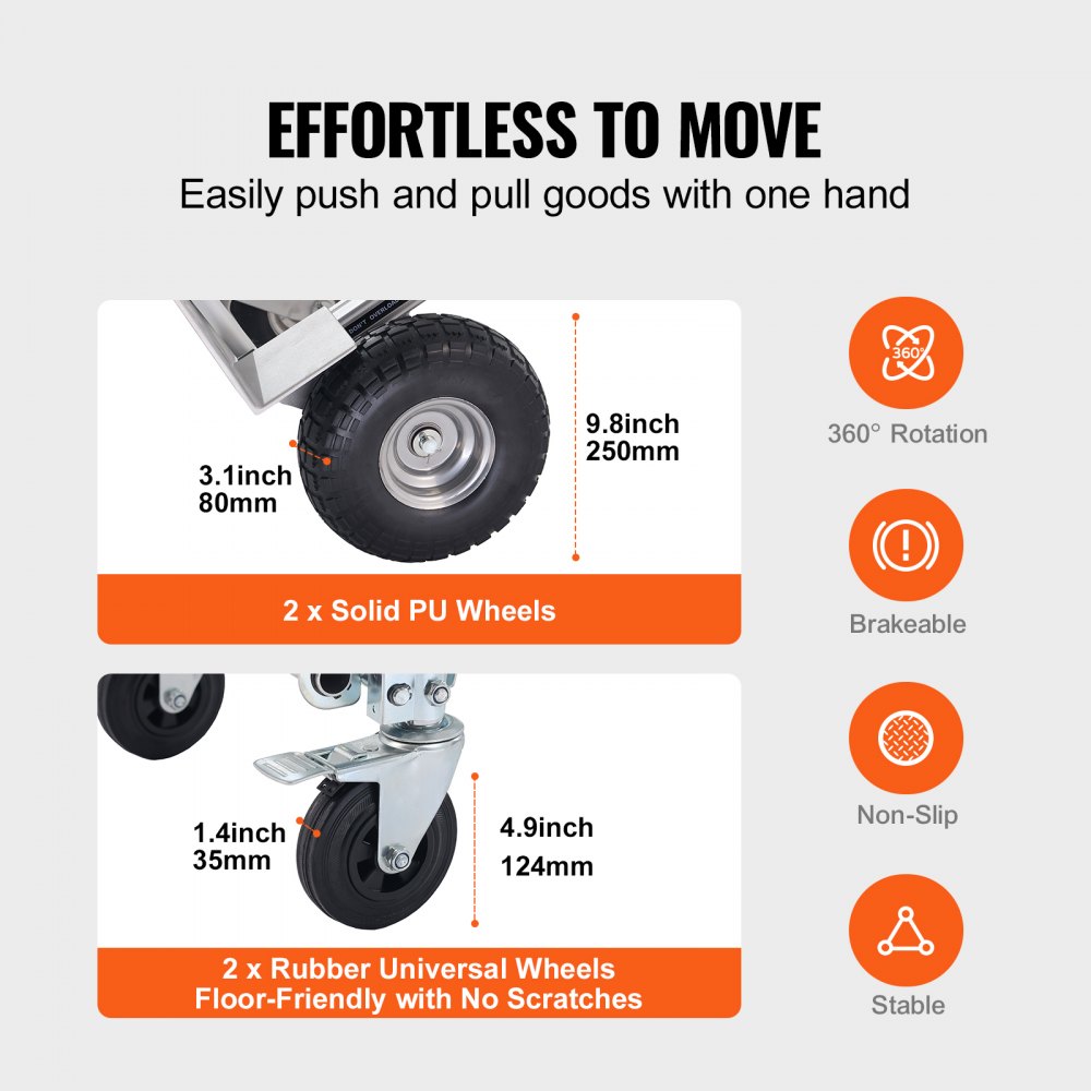 effortless VEVOR aluminum folding hand truck with solid pu and rubber universal wheels for easy movement.