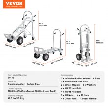 Hliníkový ručný vozík VEVOR, 4 v 1, nosnosť 1 000 libier, ťažký priemyselný konvertibilný skladací ručný vozík a vozík, úžitkový vozík sa mení z ručného vozíka na plošinový vozík s gumenými kolesami