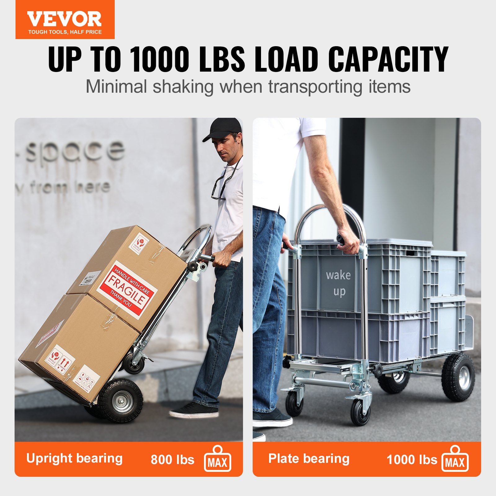 VEVOR aluminum folding hand truck supporting up to 1000 lbs load, with upright and plate bearing functions.