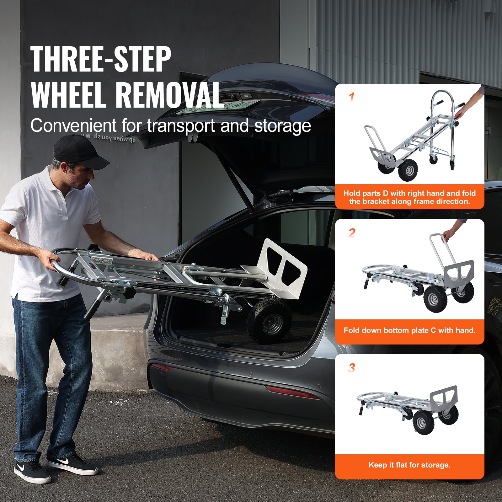 three-step wheel removal for the VEVOR aluminum folding hand truck, showcasing convenient transport and storage.