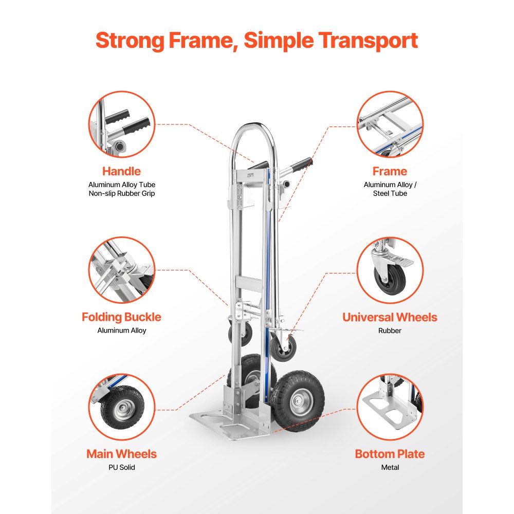 VEVOR 2 in 1 Hand Truck, 453.6 kg Load Capacity for 4-Wheel Mode, Convertible Hand Truck Dolly with Non-Slip Handle & Wheels, Portable Trolley Dolly for Moving Home, Office, Warehouse, Supermarket