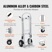 VEVOR Aluminum Folding Hand Truck, 2 in 1 Design 1000 lbs Capacity, Heavy Duty Industrial Collapsible cart, Dolly Cart with Rubber Wheels for Transport and Moving in Warehouse, Supermarket, Garden