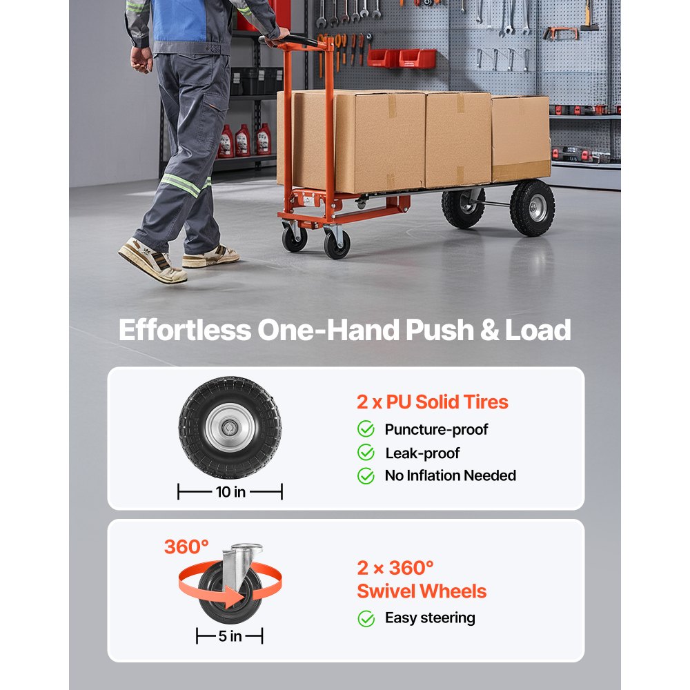 VEVOR 4 in 1 Hand Truck, 453.6 kg Load Capacity for 4-Wheel Mode, Convertible Hand Truck Dolly with Non-Slip Handle & Wheels, Aluminum Alloy Portable Trolley Dolly for Moving Home, Office, Warehouse