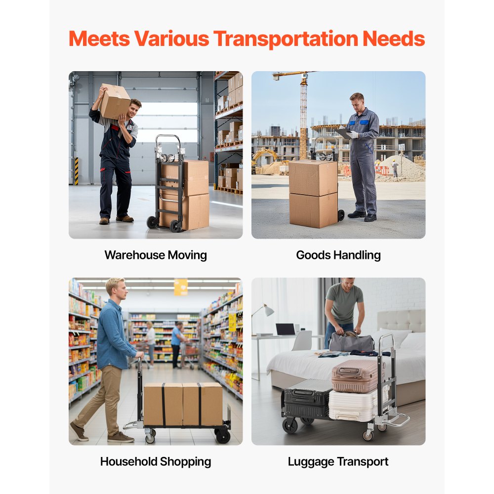 VEVOR 2 in 1 Folding Hand Truck, 226.9 kg Load Capacity for 4-Wheel Mode, Convertible Hand Truck Dolly with Wheels & Adjustable Handle, Portable Trolley Dolly for Moving Home, Office, Warehouse