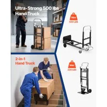 VEVOR 2 in 1 Folding Hand Truck, 500 lbs Load Capacity for 4-Wheel Mode, Convertible Hand Truck Dolly with Wheels & Adjustable Handle, Portable Trolley Dolly for Moving Home, Office, Warehouse
