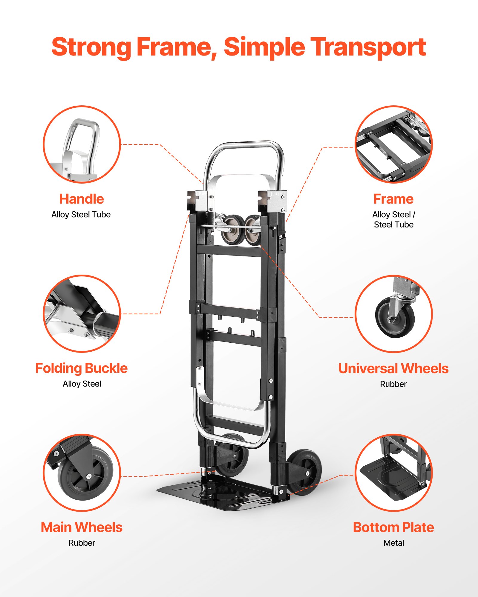 VEVOR 2 in 1 Folding Hand Truck, 226.9 kg Load Capacity for 4-Wheel Mode, Convertible Hand Truck Dolly with Wheels & Adjustable Handle, Portable Trolley Dolly for Moving Home, Office, Warehouse