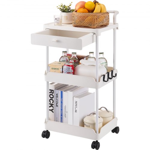 VEVOR 3-Tier Rolling Utility Cart with Drawer, Kitchen Cart with Lockable Wheels, Multifunctional Storage Trolley with Handle for Office, Living Room, Kitchen, Movable Storage Organizer Shelves, White