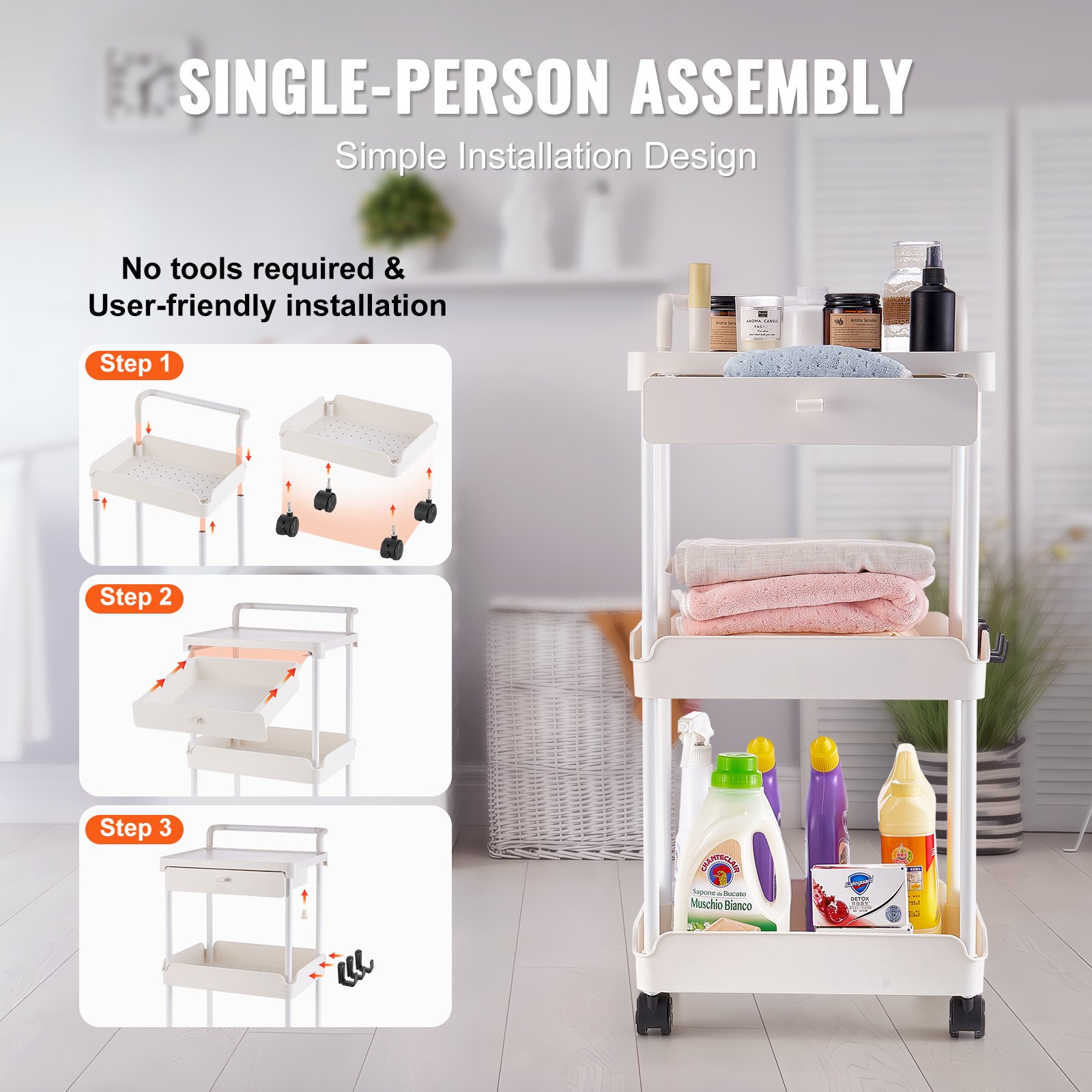 VEVOR 3-Tier Rolling Utility Cart with Drawer, Kitchen Cart with Lockable Wheels, Multifunctional Storage Trolley with Handle for Office, Living Room, Kitchen, Movable Storage Organizer Shelves, White