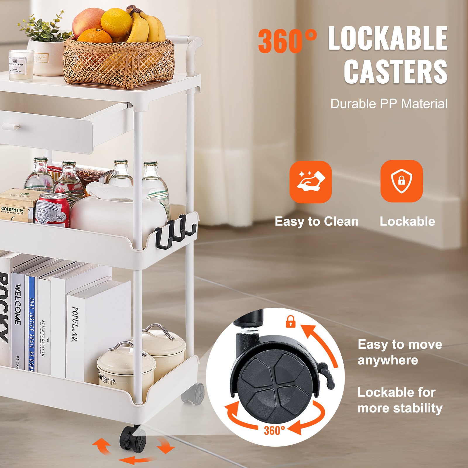 VEVOR 3-Tier Rolling Utility Cart with Drawer, Kitchen Cart with Lockable Wheels, Multifunctional Storage Trolley with Handle for Office, Living Room, Kitchen, Movable Storage Organizer Shelves, White