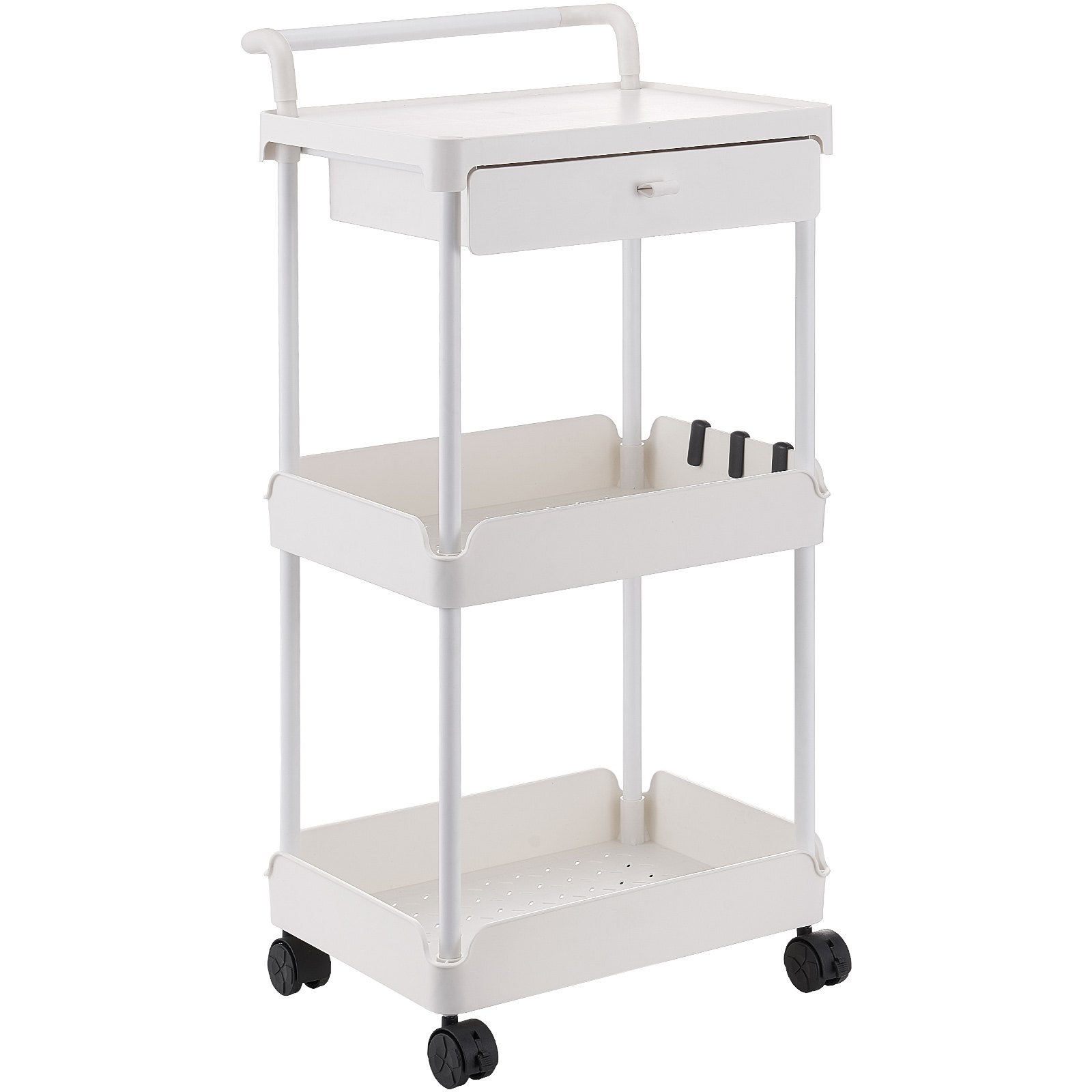 VEVOR 3-Tier Rolling Utility Cart with Drawer, Kitchen Cart with Lockable Wheels, Multifunctional Storage Trolley with Handle for Office, Living Room, Kitchen, Movable Storage Organizer Shelves, White