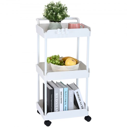 VEVOR 3-Tier Rolling Utility Cart, Kitchen Cart with Lockable Wheels, Multi-Functional Storage Trolley with Handle for Office, Living Room, Kitchen, Movable Storage Basket Organizer Shelves, White