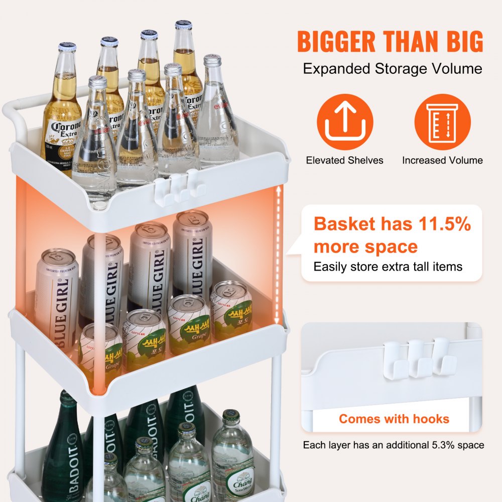 VEVOR 4-Tier Rolling Utility Cart, Kitchen Cart with Lockable Wheels, Multi-Functional Storage Trolley with Handle for Office, Living Room, Kitchen, Movable Storage Basket Organizer Shelves, White