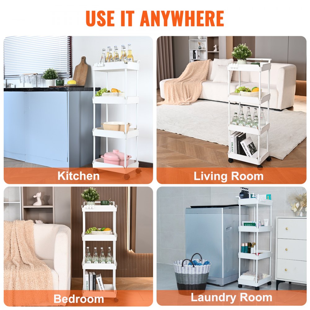 VEVOR 4-Tier Rolling Utility Cart, Kitchen Cart with Lockable Wheels, Multi-Functional Storage Trolley with Handle for Office, Living Room, Kitchen, Movable Storage Basket Organizer Shelves, White