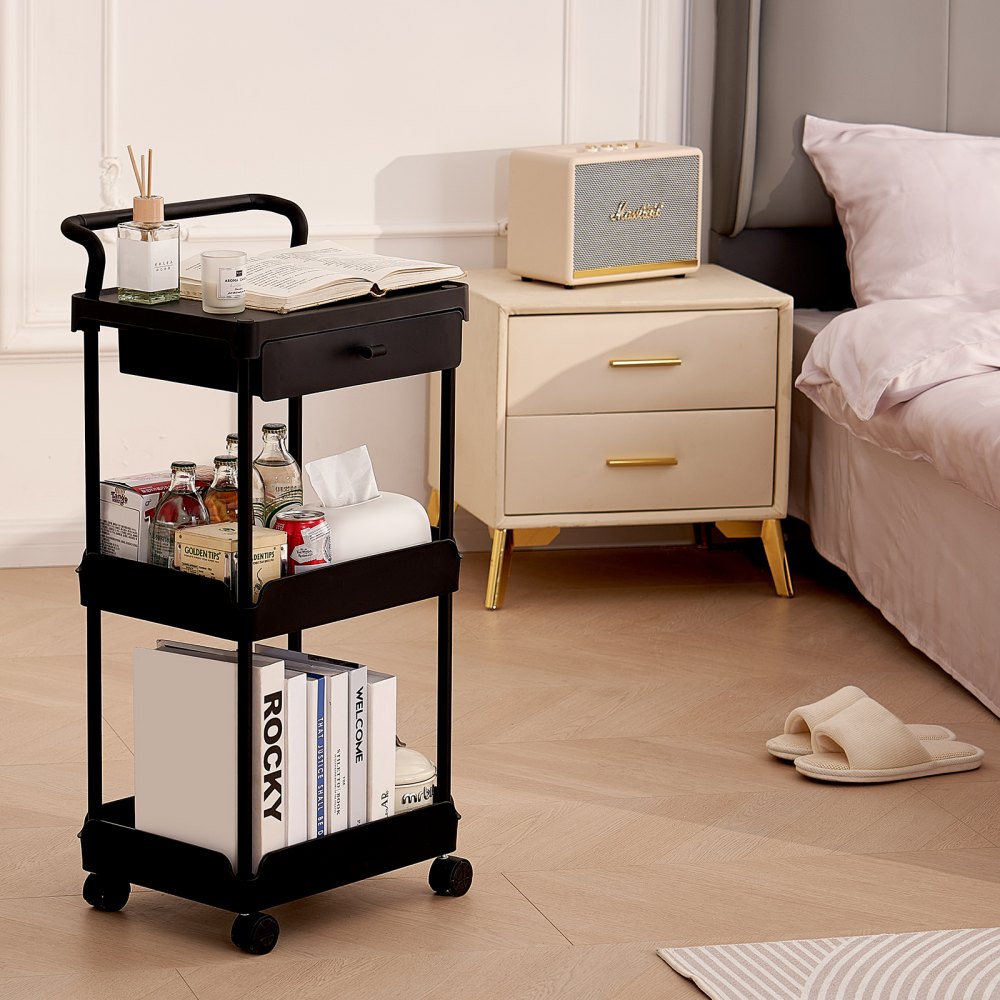 VEVOR 3-Tier Rolling Utility Cart with Drawer, Kitchen Cart with Lockable Wheels, Multifunctional Storage Trolley with Handle for Office, Living Room, Kitchen, Movable Storage Organizer Shelves, Black