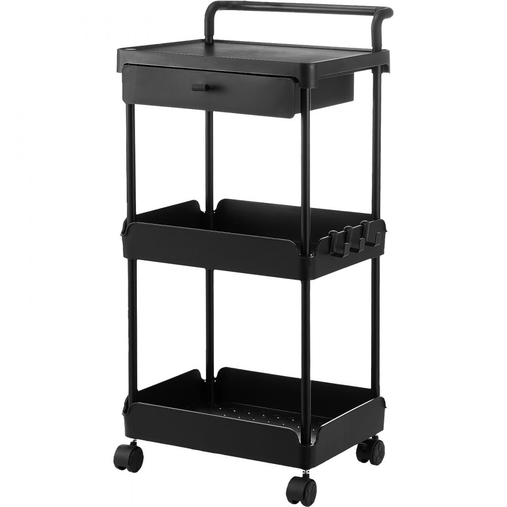 VEVOR 3-Tier Rolling Utility Cart with Drawer, Kitchen Cart with Lockable Wheels, Multifunctional Storage Trolley with Handle for Office, Living Room, Kitchen, Movable Storage Organizer Shelves, Black