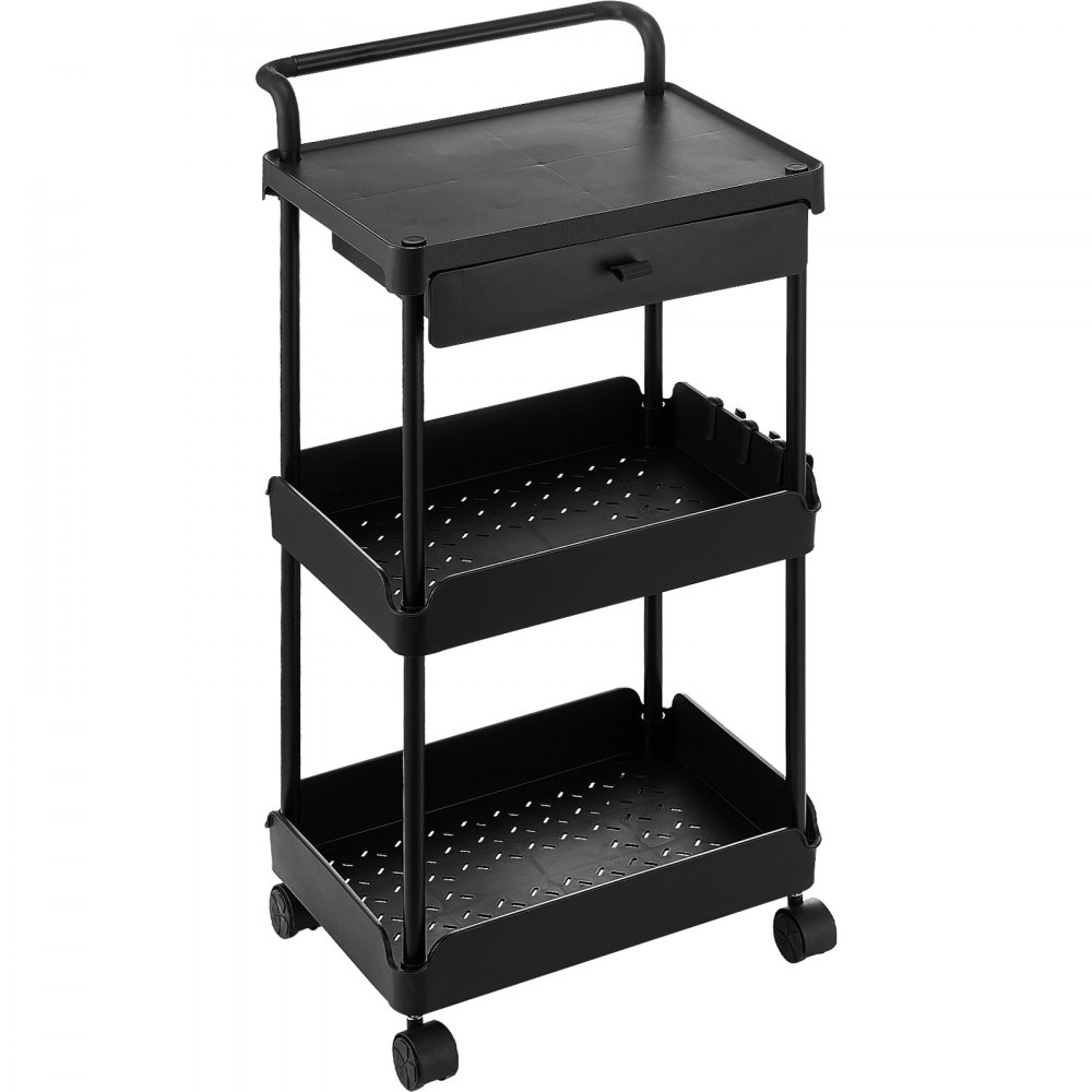 VEVOR 3-Tier Rolling Utility Cart with Drawer, Kitchen Cart with Lockable Wheels, Multifunctional Storage Trolley with Handle for Office, Living Room, Kitchen, Movable Storage Organizer Shelves, Black
