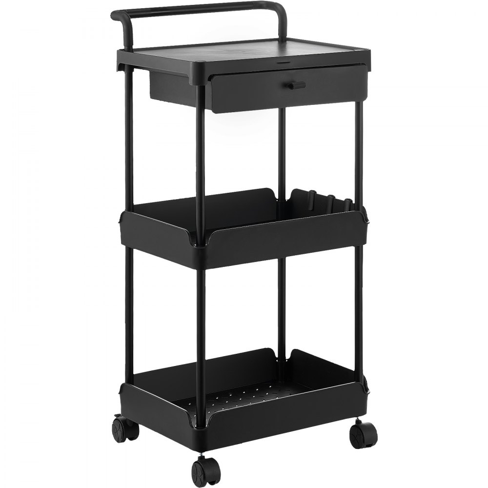 VEVOR 3-Tier Rolling Utility Cart with Drawer, Kitchen Cart with Lockable Wheels, Multifunctional Storage Trolley with Handle for Office, Living Room, Kitchen, Movable Storage Organizer Shelves, Black