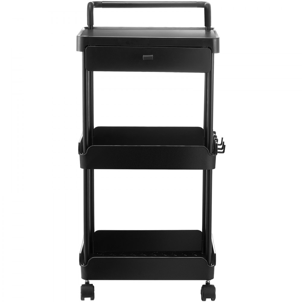 VEVOR 3-Tier Rolling Utility Cart with Drawer, Kitchen Cart with Lockable Wheels, Multifunctional Storage Trolley with Handle for Office, Living Room, Kitchen, Movable Storage Organizer Shelves, Black