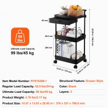 VEVOR 3-Tier Rolling Utility Cart with Drawer, Kitchen Cart with Lockable Wheels, Multifunctional Storage Trolley with Handle for Office, Living Room, Kitchen, Movable Storage Organizer Shelves, Black