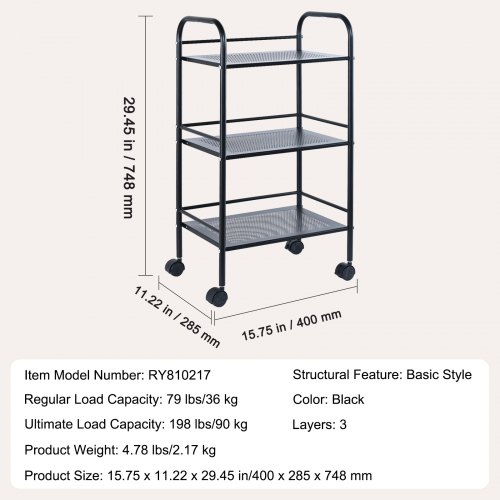 VEVOR 3-Tier Metal Rolling Cart, Heavy Duty Utility Cart with Lockable Wheels, Multi-Functional Storage Trolley with Handle for Office, Living Room, Kitchen, Movable Storage Organizer Shelves, Black