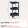 VEVOR 3-Tier Rolling Utility Cart, Kitchen Cart with Lockable Wheels, Multi-Functional Storage Trolley with Handle for Office, Living Room, Kitchen, Movable Storage Basket Organizer Shelves, Black